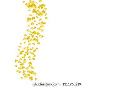 Clover background for Saint Patricks Day.  Lucky trefoil confetti. Glitter frame of shamrock leaves. Template for gift coupons, vouchers, ads, events. Irish clover background.