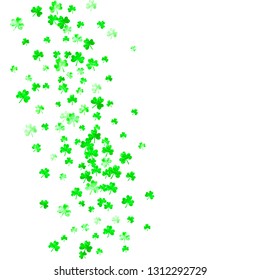 Clover background for Saint Patricks Day. Lucky trefoil confetti. Glitter frame of shamrock leaves. Template for voucher, special business ad, banner. Decorative clover background.