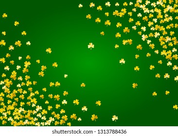 Clover background for Saint Patricks Day.  Lucky trefoil confetti. Glitter frame of shamrock leaves. Template for special business offer, banner, flyer. Irish clover background.