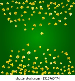 Clover background for Saint Patricks Day. Lucky trefoil confetti. Glitter frame of shamrock leaves. Template for party invite, retail offer and ad. Decorative clover background.