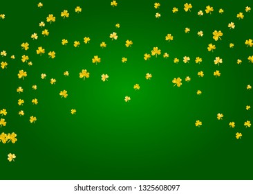 Clover background for Saint Patricks Day.  Lucky trefoil confetti. Glitter frame of shamrock leaves. Template for voucher, special business ad, banner. Festive clover background.