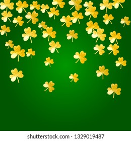 Clover background for Saint Patricks Day. Lucky trefoil confetti. Glitter frame of shamrock leaves. Template for party invite, retail offer and ad. Celtic clover background.