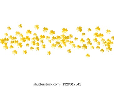Clover background for Saint Patricks Day.  Lucky trefoil confetti. Glitter frame of shamrock leaves. Template for flyer, special business offer, promo. Festal clover background.