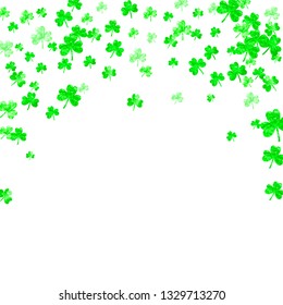 Clover background for Saint Patricks Day. Lucky trefoil confetti. Glitter frame of shamrock leaves. Template for special business offer, banner, flyer. Dublin clover background.