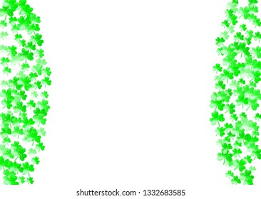 Clover background for Saint Patricks Day.  Lucky trefoil confetti. Glitter frame of shamrock leaves. Template for party invite, retail offer and ad. Festal clover background.
