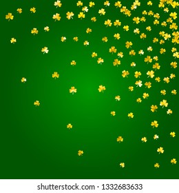 Clover background for Saint Patricks Day. Lucky trefoil confetti. Glitter frame of shamrock leaves. Template for poster, gift certificate, banner. Holiday clover background.
