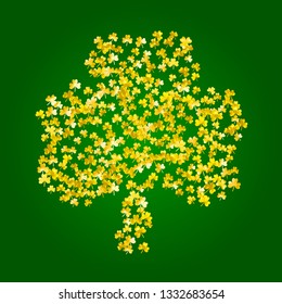 Clover background for Saint Patricks Day. Lucky trefoil confetti. Glitter frame of shamrock leaves. Template for flyer, special business offer, promo. Happy clover background.