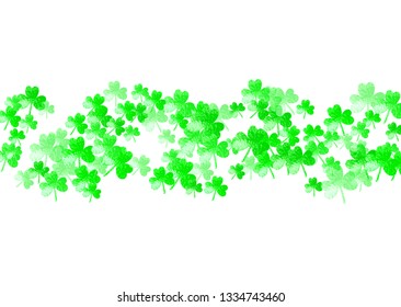 Clover background for Saint Patricks Day.  Lucky trefoil confetti. Glitter frame of shamrock leaves. Template for special business offer, banner, flyer. Dublin clover background.