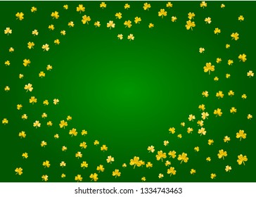 Clover background for Saint Patricks Day.  Lucky trefoil confetti. Glitter frame of shamrock leaves. Template for gift coupons, vouchers, ads, events. Festal clover background.