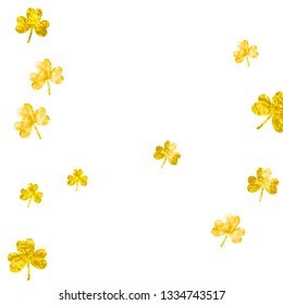 Clover background for Saint Patricks Day. Lucky trefoil confetti. Glitter frame of shamrock leaves. Template for party invite, retail offer and ad. Festal clover background.