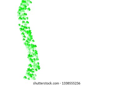 Clover background for Saint Patricks Day.  Lucky trefoil confetti. Glitter frame of shamrock leaves. Template for special business offer, banner, flyer. Festal clover background.
