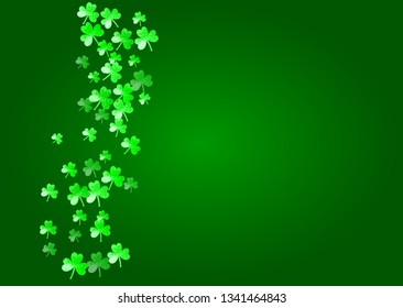 Clover background for Saint Patricks Day.  Lucky trefoil confetti. Glitter frame of shamrock leaves. Template for poster, gift certificate, banner. Dublin clover background.