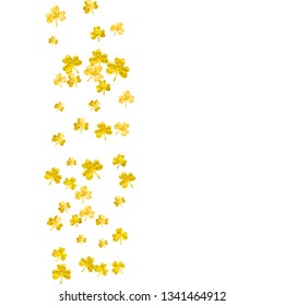 Clover background for Saint Patricks Day. Lucky trefoil confetti. Glitter frame of shamrock leaves. Template for gift coupons, vouchers, ads, events. Merry clover background.