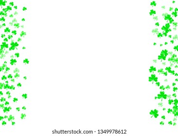 Clover background for Saint Patricks Day.  Lucky trefoil confetti. Glitter frame of shamrock leaves. Template for party invite, retail offer and ad. Happy clover background.