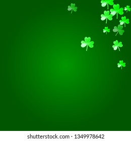 Clover background for Saint Patricks Day. Lucky trefoil confetti. Glitter frame of shamrock leaves. Template for gift coupons, vouchers, ads, events. Dublin clover background.