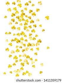 Clover background for Saint Patricks Day. Lucky trefoil confetti. Glitter frame of shamrock leaves. Template for voucher, special business ad, banner. Festal clover background.