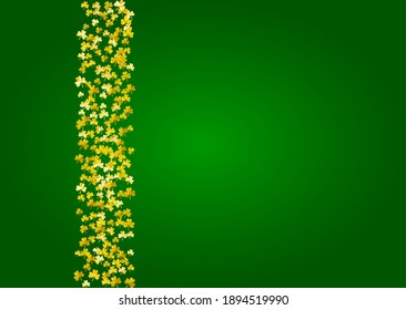 Clover background for Saint Patricks Day.  Lucky trefoil confetti. Glitter frame of shamrock leaves. Template for gift coupons, vouchers, ads, events. Merry clover background.