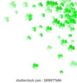 Clover background for Saint Patricks Day. Lucky trefoil confetti. Glitter frame of shamrock leaves. Template for poster, gift certificate, banner. Festive clover background.