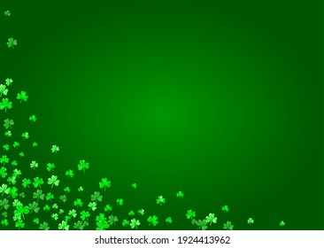 Clover background for Saint Patricks Day.  Lucky trefoil confetti. Glitter frame of shamrock leaves. Template for special business offer, banner, flyer. Dublin clover background.