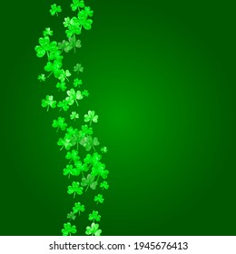 Clover background for Saint Patricks Day. Lucky trefoil confetti. Glitter frame of shamrock leaves. Template for gift coupons, vouchers, ads, events. Festal clover background.