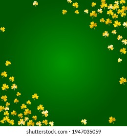 Clover background for Saint Patricks Day. Lucky trefoil confetti. Glitter frame of shamrock leaves. Template for poster, gift certificate, banner. Festal clover background.