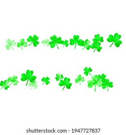 Clover background for Saint Patricks Day. Lucky trefoil confetti. Glitter frame of shamrock leaves. Template for gift coupons, vouchers, ads, events. Festal clover background.