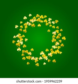 Clover background for Saint Patricks Day. Lucky trefoil confetti. Glitter frame of shamrock leaves. Template for flyer, special business offer, promo. Greeting clover background.