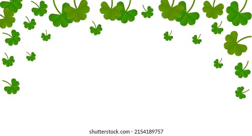 Clover background for Saint Patricks Day. Lucky trefoil confetti. Glitter frame of shamrock leaves. Template for voucher, special business ad, banner.