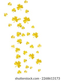 Clover background for Saint Patricks Day. Lucky trefoil confetti. Glitter frame of shamrock leaves. Template for party invite, retail offer and ad. Celtic clover background.