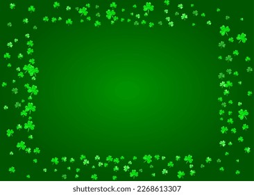 Clover background for Saint Patricks Day.  Lucky trefoil confetti. Glitter frame of shamrock leaves. Template for voucher, special business ad, banner. Decorative clover background.