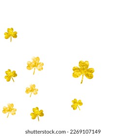 Clover background for Saint Patricks Day. Lucky trefoil confetti. Glitter frame of shamrock leaves. Template for gift coupons, vouchers, ads, events. Holiday clover background.