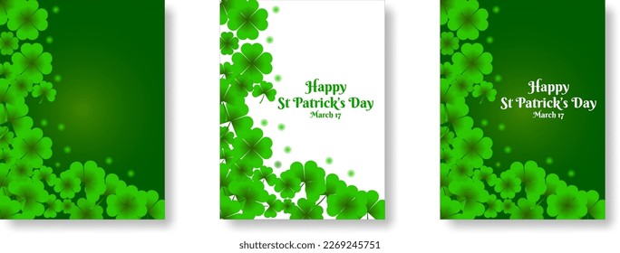 Clover background for Saint Patricks Day. Lucky trefoil confetti. Glitter frame of shamrock leaves