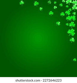 Clover background for Saint Patricks Day. Lucky trefoil confetti. Glitter frame of shamrock leaves. Template for poster, gift certificate, banner. Happy clover background.