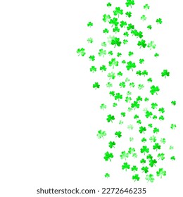 Clover background for Saint Patricks Day. Lucky trefoil confetti. Glitter frame of shamrock leaves. Template for poster, gift certificate, banner. Holiday clover background.