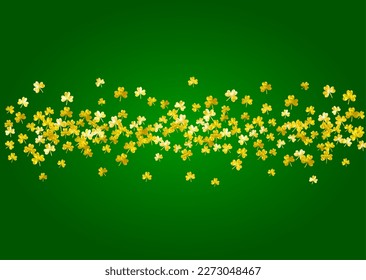 Clover background for Saint Patricks Day.  Lucky trefoil confetti. Glitter frame of shamrock leaves. Template for gift coupons, vouchers, ads, events. Celtic clover background.