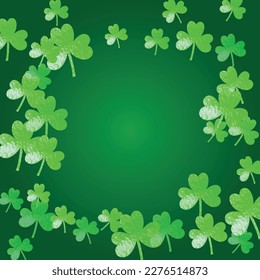 Clover background for Saint Patricks Day. Lucky trefoil confetti. Glitter frame of shamrock leaves. Template for gift coupons, vouchers, ads, events. Greeting clover background.