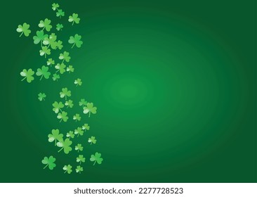 Clover background for Saint Patricks Day.  Lucky trefoil confetti. Glitter frame of shamrock leaves. Template for gift coupons, vouchers, ads, events. Celtic clover background.