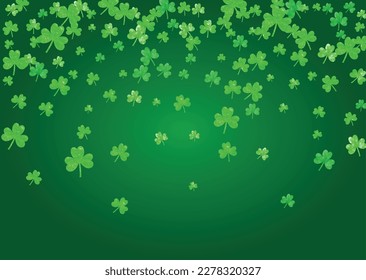 Clover background for Saint Patricks Day.  Lucky trefoil confetti. Glitter frame of shamrock leaves. Template for special business offer, banner, flyer. Happy clover background.