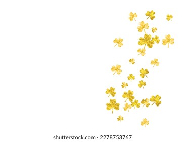Clover background for Saint Patricks Day.  Lucky trefoil confetti. Glitter frame of shamrock leaves. Template for flyer, special business offer, promo. Festive clover background.