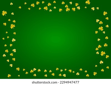 Clover background for Saint Patricks Day.  Lucky trefoil confetti. Glitter frame of shamrock leaves. Template for special business offer, banner, flyer. Festal clover background.