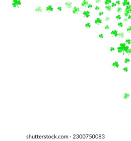 Clover background for Saint Patricks Day. Lucky trefoil confetti. Glitter frame of shamrock leaves. Template for special business offer, banner, flyer. Celtic clover background.