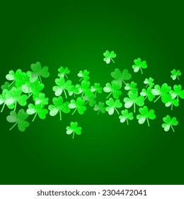 Clover background for Saint Patricks Day. Lucky trefoil confetti. Glitter frame of shamrock leaves. Template for voucher, special business ad, banner. Happy clover background.