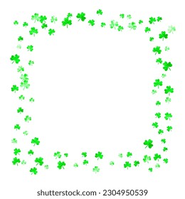 Clover background for Saint Patricks Day. Lucky trefoil confetti. Glitter frame of shamrock leaves. Template for special business offer, banner, flyer. Happy clover background.