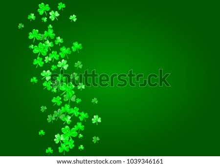 Clover background for Saint Patricks Day.  Lucky trefoil confetti. Glitter frame of shamrock leaves. Template for gift coupons, vouchers, ads, events. Happy clover background.
