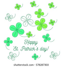 Clover background with text Happy St. Patrick's day. Simple line design illustration.