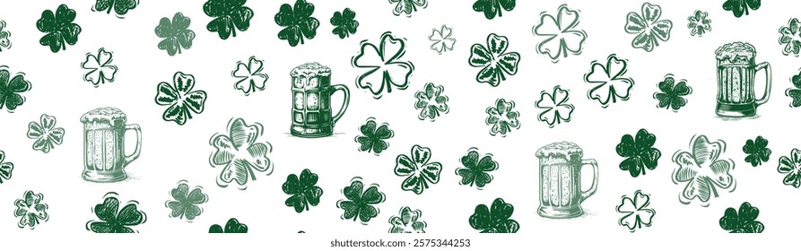 Clover and beer pattern, Saint Patricks Day, hand drawn illustrations.