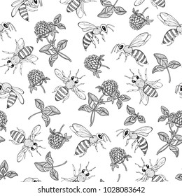 Clover and bees on white background. Seamless  pattern. Hand-drawn vector illustration. Nature abstract background.
