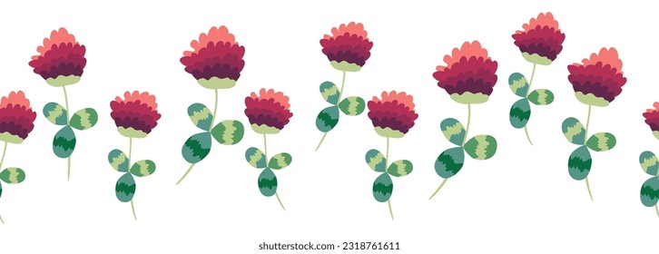 Clover blooming red seamless horizontal border. St.Patricks Day