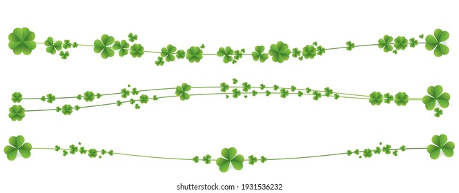 Clover border divider line. Patrick day background with vector four-leaf clover pattern background. Lucky green clover for Irish festival St Patrick s day. Vector green grass clover pattern background