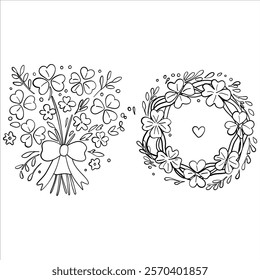 Clover Bouquet and Wreath Coloring Page